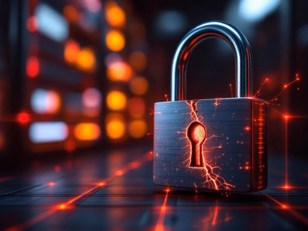 Digitales Vorhängeschloss mit roten Rissen vor unscharfen Serverracks, symbolisiert IT-Sicherheitslücken