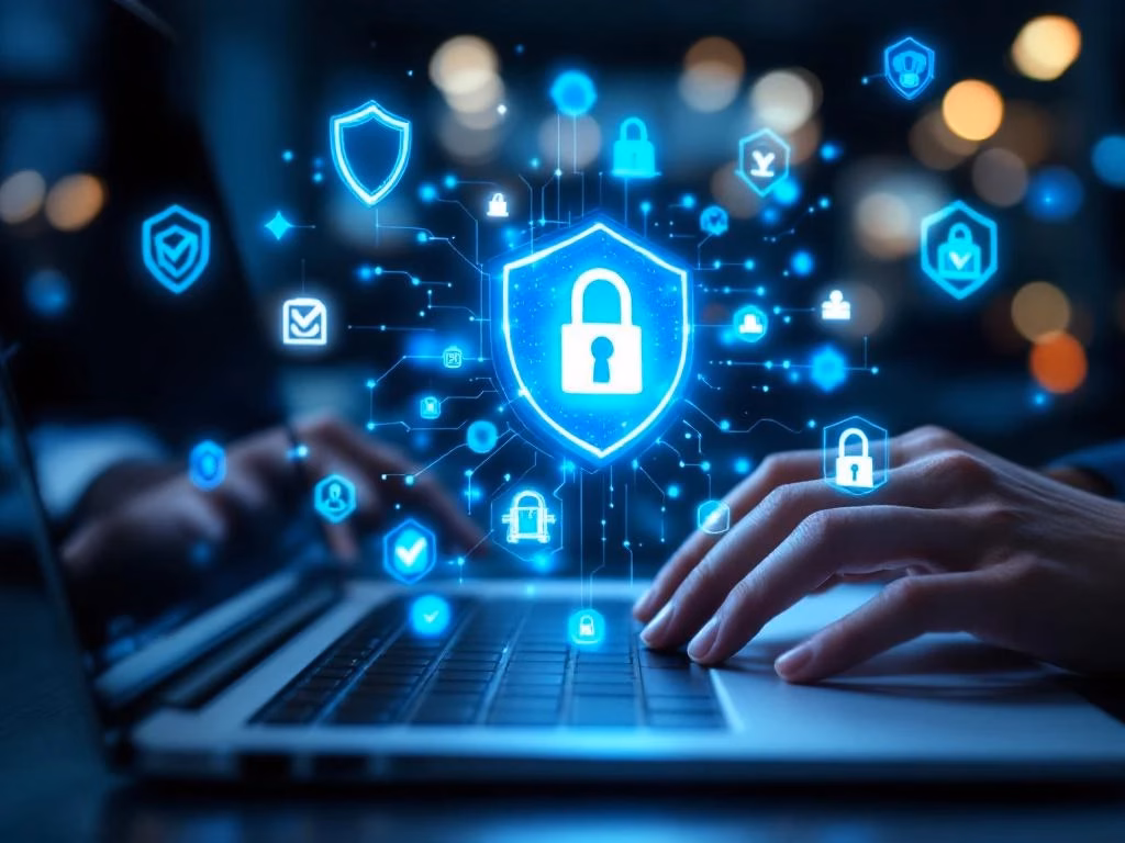 Hände über Laptop-Tastatur mit schwebenden digitalen Sicherheitssymbolen und Schloss-Icons in blau-cyan Beleuchtung