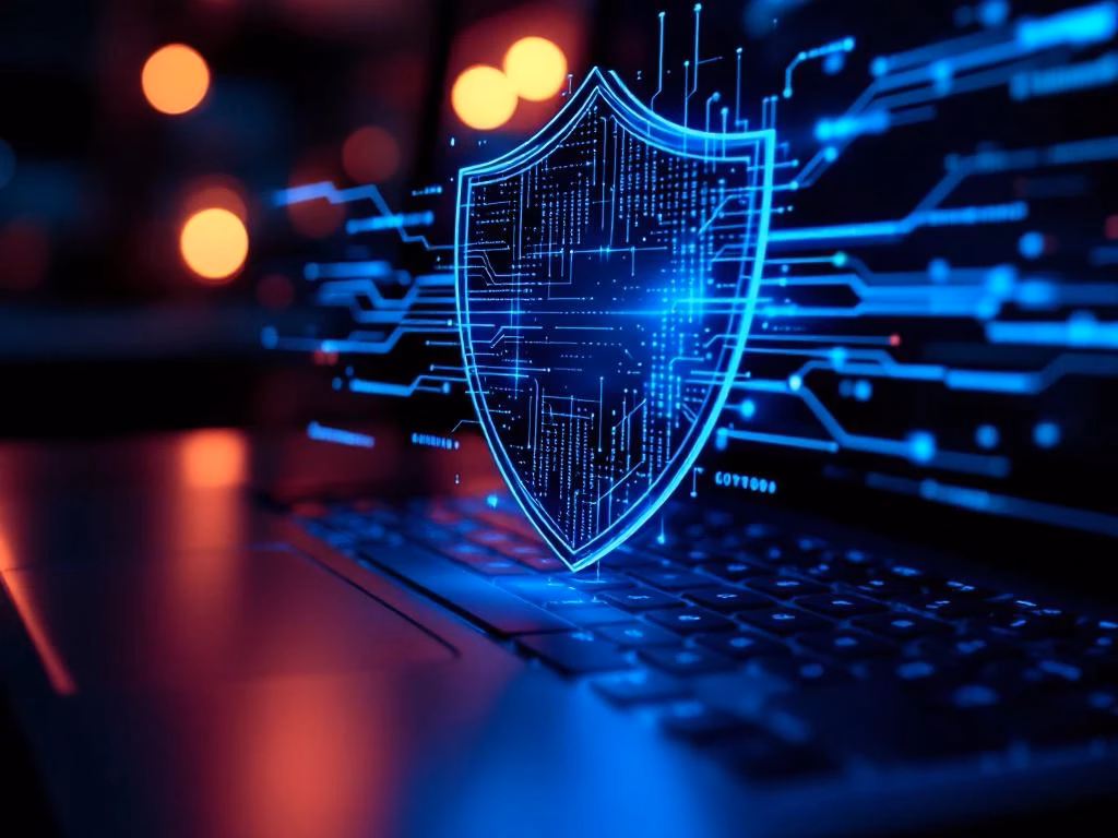 Leuchtender digitaler Schutzschild-Hologramm über schwarzer Tastatur mit blauen Schaltkreismustern und Datencode