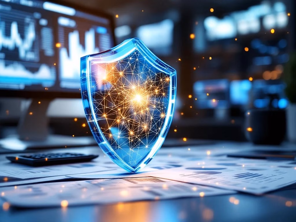 Digitaler Sicherheitsschild aus blauem Glas über Bürotisch mit Finanzdokumenten und Rechner in modernem Büro