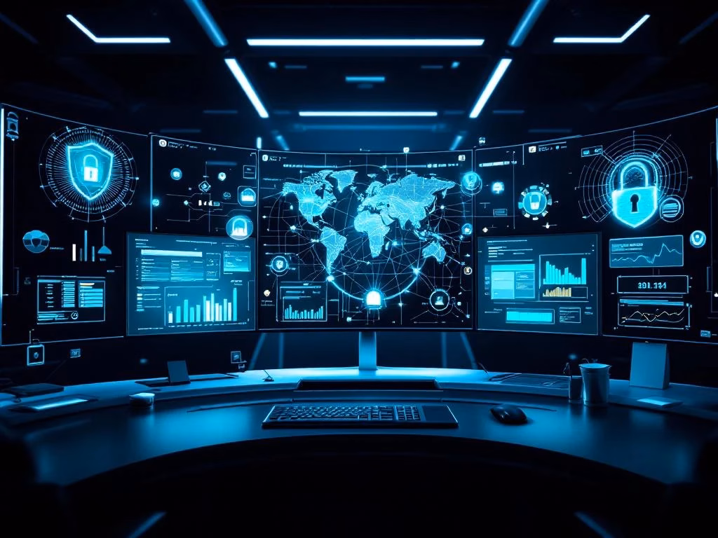 Cybersicherheitszentrale mit leuchtenden Monitoren, Netzwerkanalysen und Bedrohungserkennung in blau-grünen Farbtönen