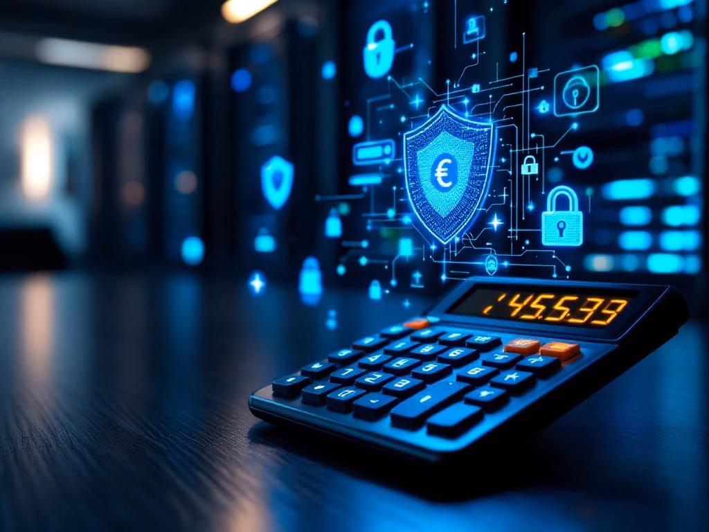 Digitaler Taschenrechner mit Euro-Symbolen umgeben von holografischen Cybersicherheits-Icons auf dunklem Holzschreibtisch