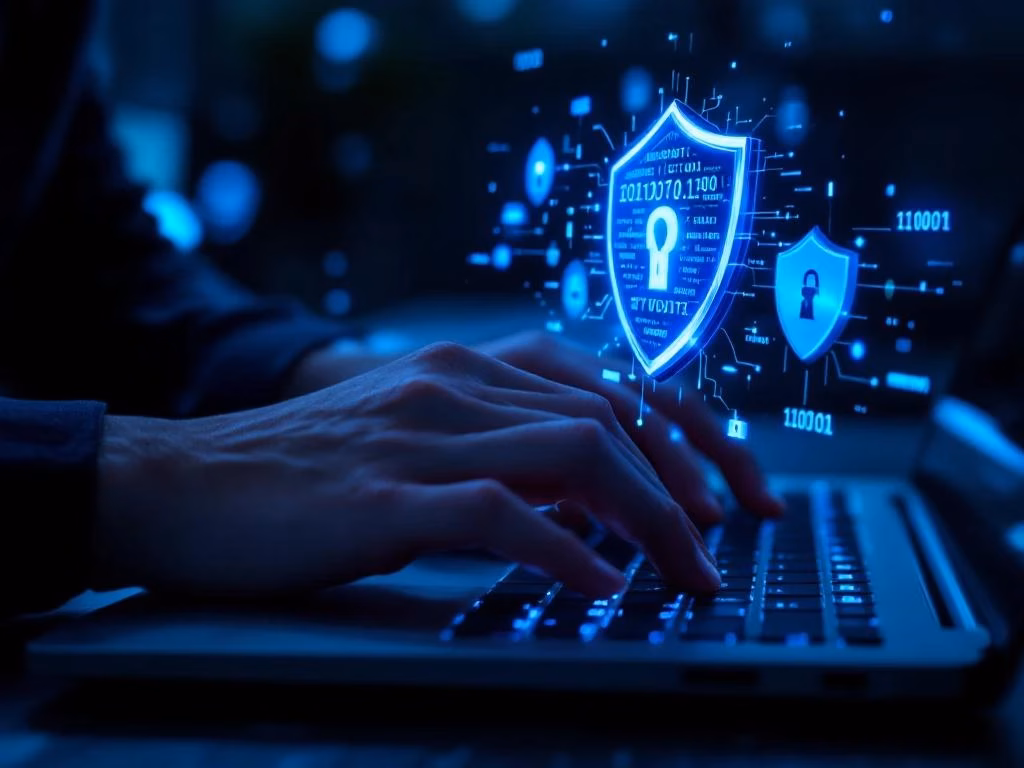Hände tippen auf Laptop-Tastatur mit leuchtenden Sicherheitssymbolen und digitalem Code in blauer Beleuchtung