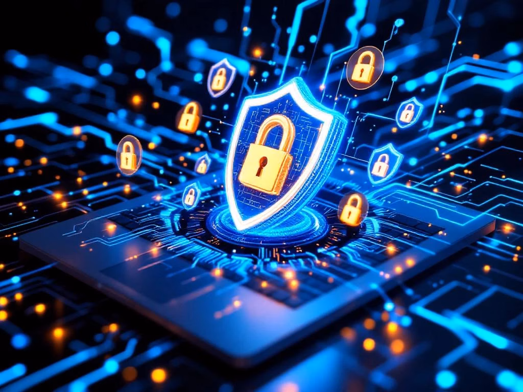 Laptop mit digitaler Sicherheitsfestung aus leuchtenden blauen Schaltkreisen, schwebenden goldenen Schlössern und Schild-Symbolen