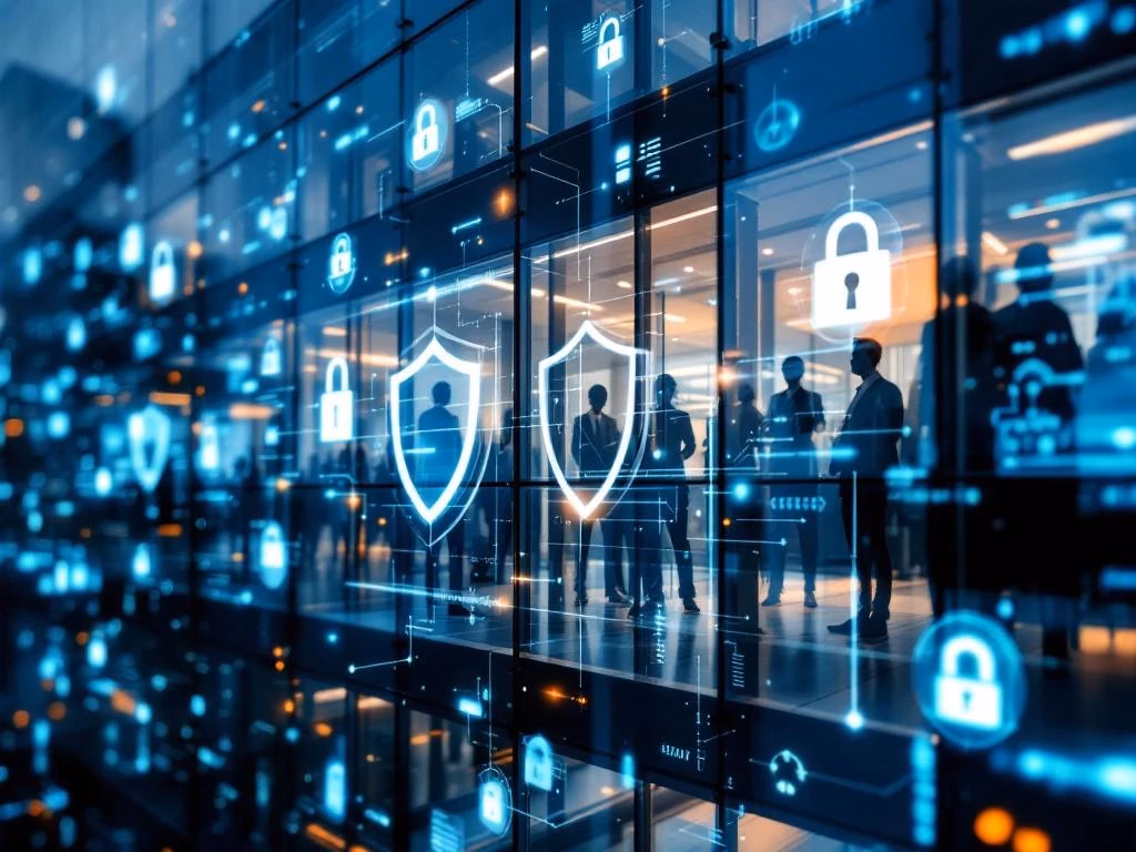 Modernes Glasbürogebäude mit digitalen Sicherheitsschildern und Cybersecurity-Datenströmen in blau-grüner Beleuchtung