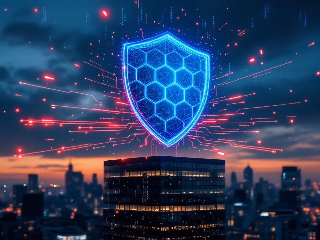 Digitaler Schutzschild aus blauen Hexagonen über modernem Bürogebäude, der rote Cyberbedrohungen abwehrt