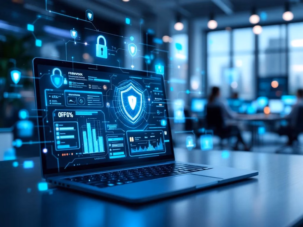 Modernes Büro mit Cybersicherheits-Dashboards auf Laptops und holografischen Firewall-Elementen in blau-grünen Tönen