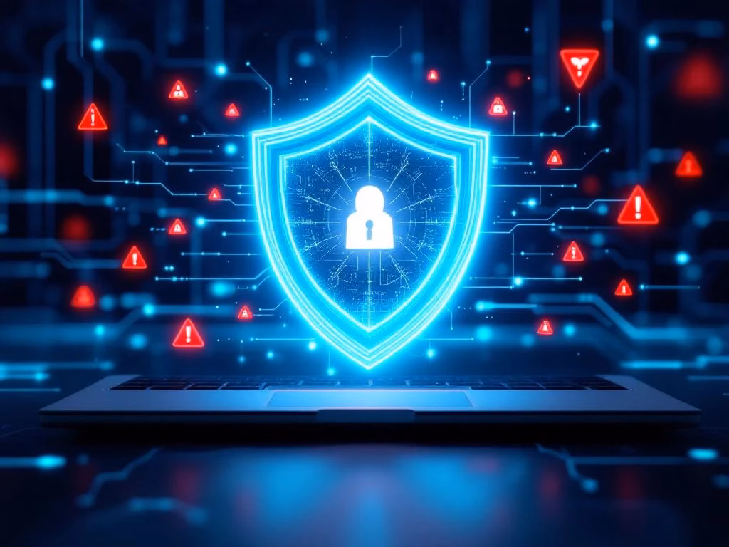 Leuchtender digitaler Schutzschild über Laptop-Tastatur mit blauen Binärcode-Strömen und abprallenden Cyberangriffen