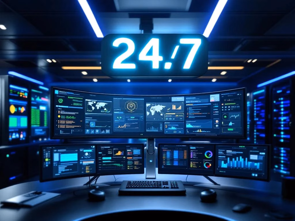 Modernes Sicherheitszentrum mit gekrümmten Monitoren, 24/7-Anzeige und blau beleuchteten Servern für Netzwerküberwachung