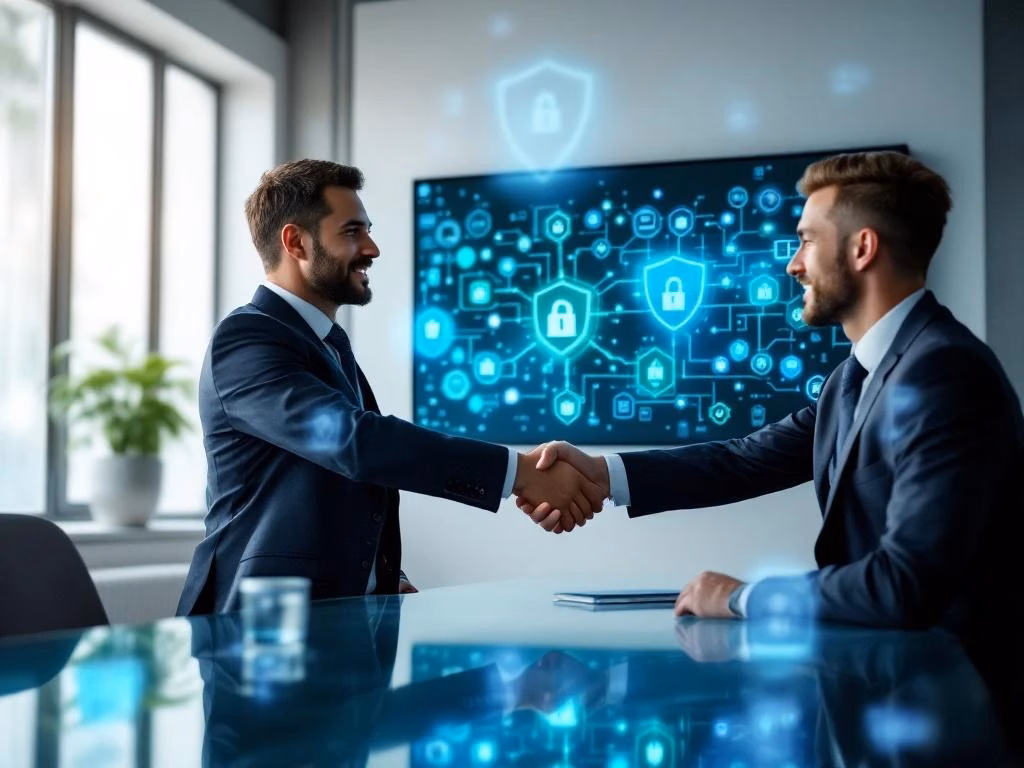 Zwei Geschäftsleute beim Händeschütteln vor Bildschirm mit Cybersicherheits-Diagrammen und NIS2-Compliance-Symbolen