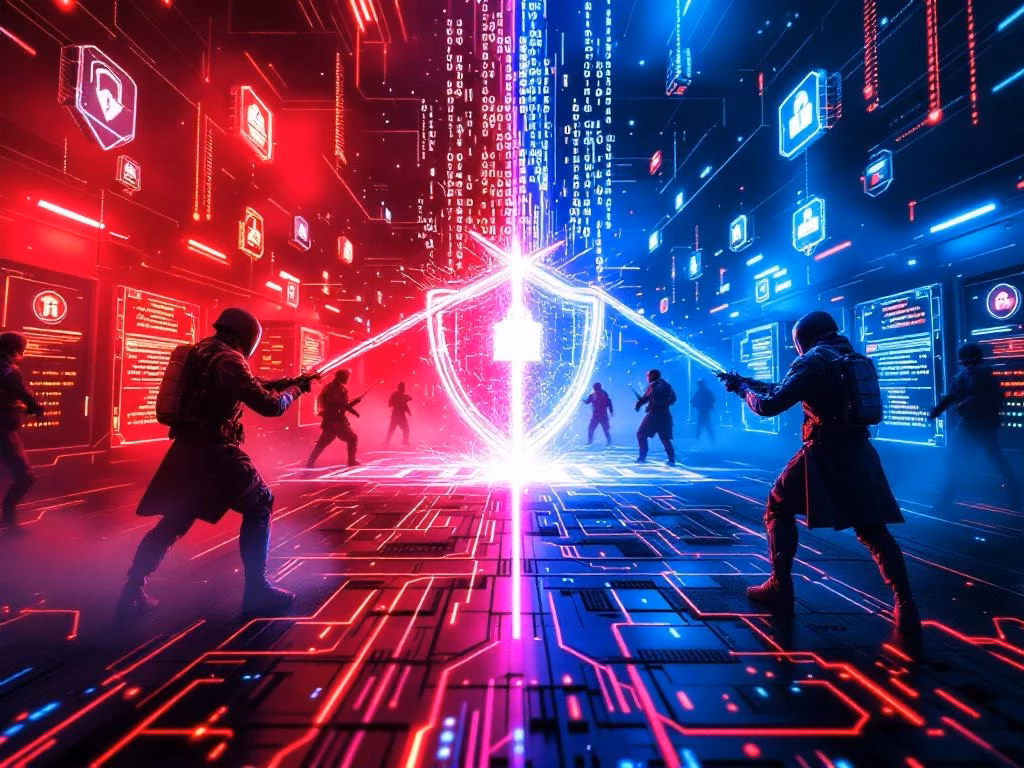 Cybersecurity-Kampfszene mit roten Angreifern und blauen Verteidigern in digitaler Netzwerkumgebung mit Servern