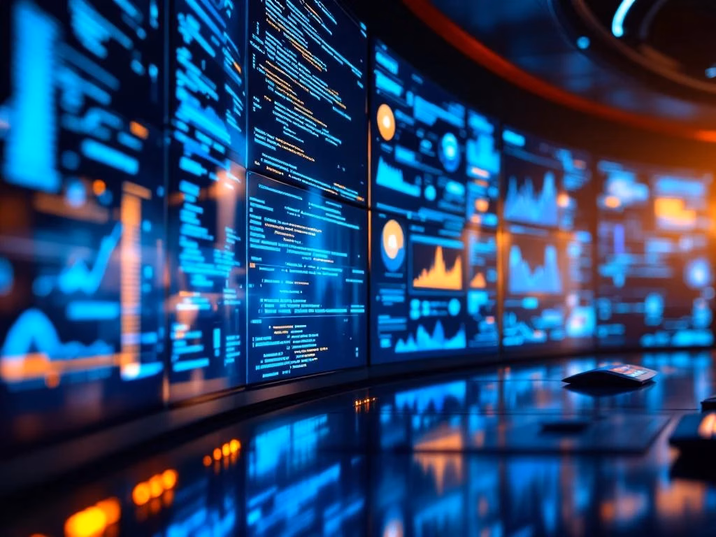 Cybersecurity-Kommandozentrale mit leuchtenden Monitoren, die Netzwerkanalysen und Sicherheitswarnungen in Blau und Gelb zeigen