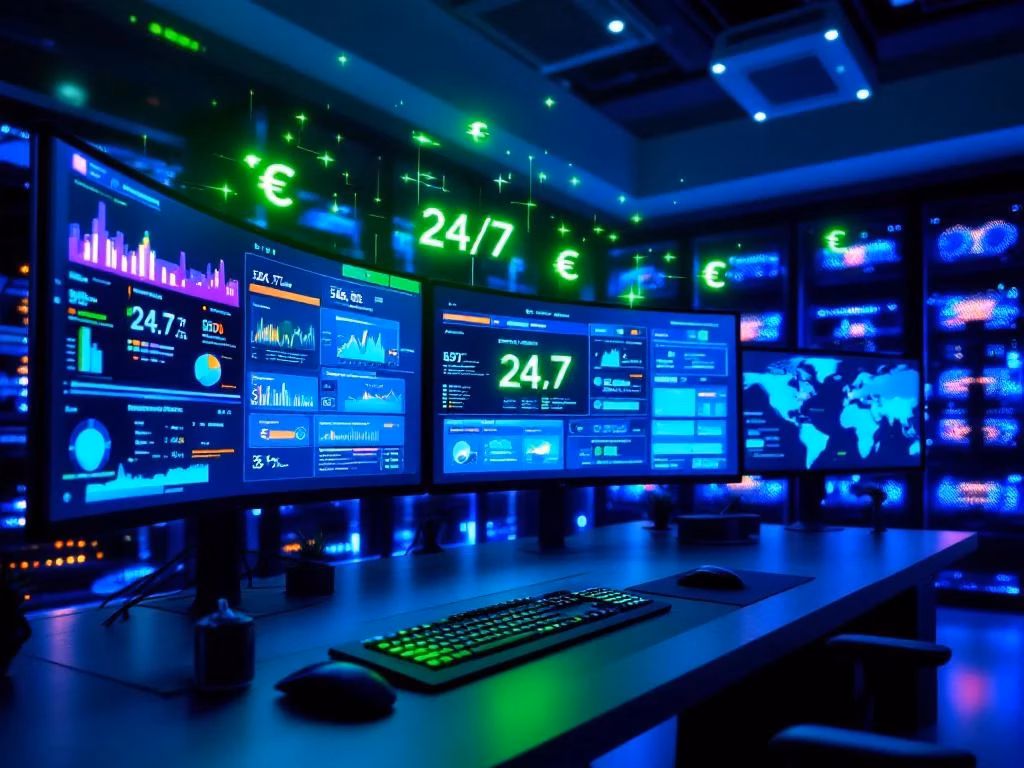 Sicherheitsüberwachungsraum mit mehreren Monitoren, Netzwerk-Dashboards und Server-Racks mit LED-Beleuchtung