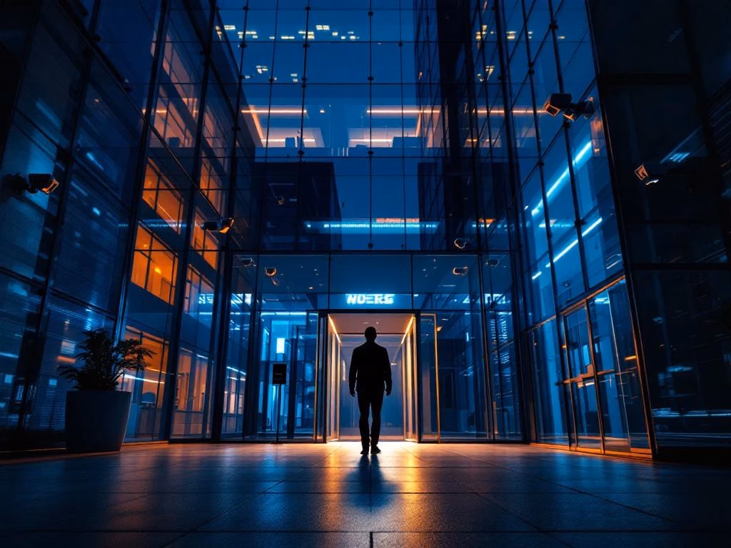 Schattenhafte Figur nähert sich modernem Bürogebäude bei Dämmerung, Sicherheitskameras sichtbar, dramatische Beleuchtung