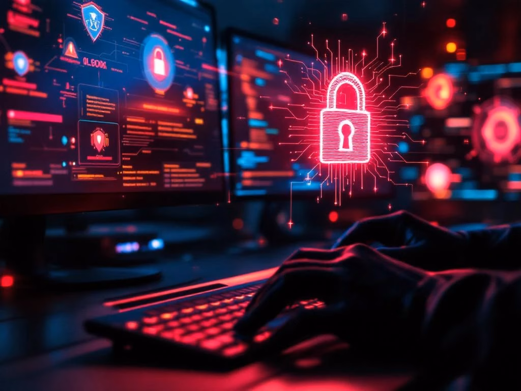 Cybersicherheits-Kommandozentrale mit leuchtenden Monitoren, Sicherheitswarnungen und Händen in taktischen Handschuhen an Tastatur