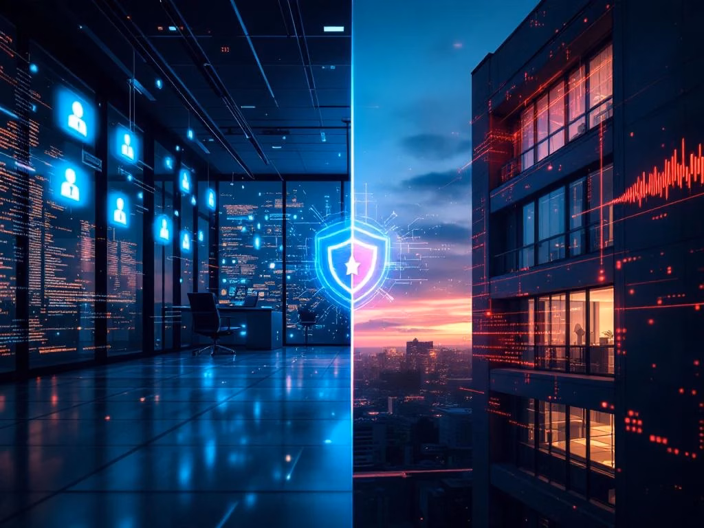 Cybersicherheits-Split-Screen: Modernes Büro mit blauen Sicherheitssymbolen links, Gebäude mit roten Angriffssignalen rechts