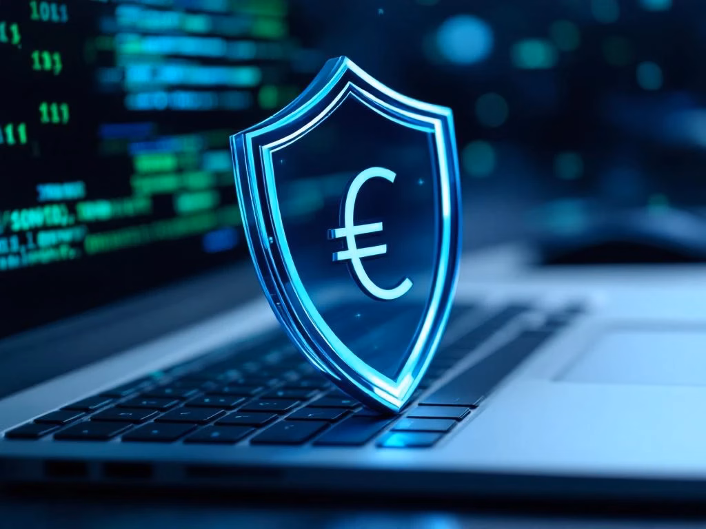 Digitaler Sicherheitsschild aus blauem Glas über Laptop-Tastatur mit grünen Codeströmen und Euro-Symbolen