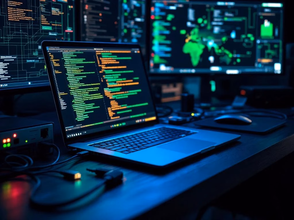 Laptop mit grünem Code und Cybersecurity-Tools wie Ethernet-Kabel und USB-Geräte auf dunkler Oberfläche