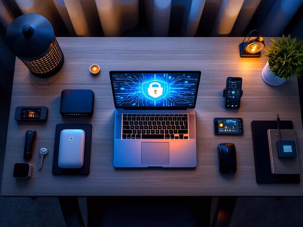 Moderner Home-Office-Arbeitsplatz von oben mit Laptop und sieben Cybersicherheitselementen wie Hardware-Schlüssel und Router
