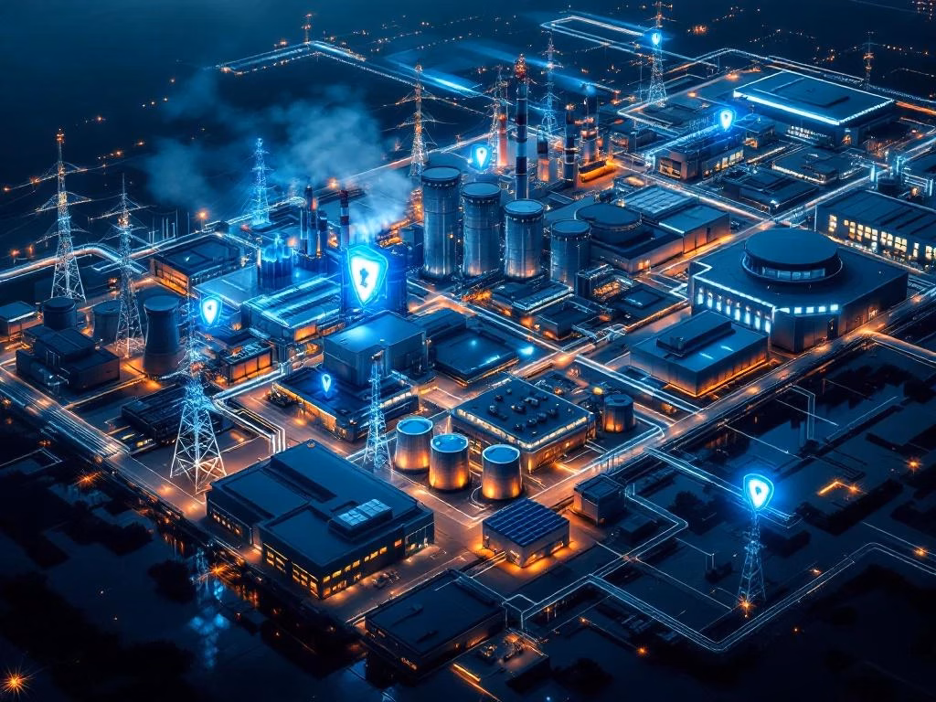 Luftaufnahme eines modernen Industriekomplexes mit Kraftwerken und Rechenzentren, verbunden durch blaue Netzwerklinien