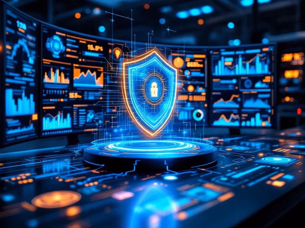 Cybersecurity-Kommandozentrale mit digitalen Monitoren, Hologramm-Schild und Datenvisualisierung in Blau-Orange