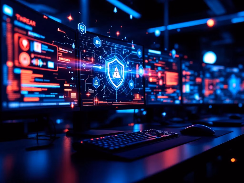 Cybersecurity-Kommandozentrale mit leuchtenden Monitoren, die Netzwerkbedrohungen und Sicherheitswarnungen anzeigen