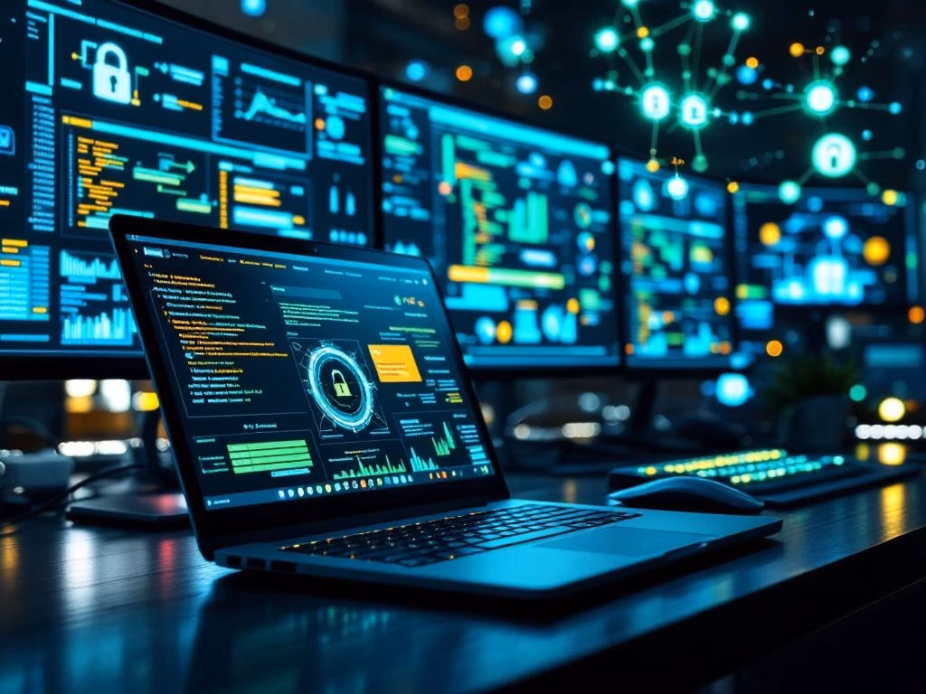 Cybersicherheits-Kommandozentrale mit mehreren Monitoren, die Netzwerkdiagramme und Sicherheitsanalysen anzeigen