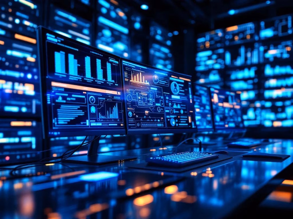 Hightech-Cybersicherheitskontrollraum mit leuchtenden Monitoren, Netzwerk-Dashboards und Serverwand mit blauen LEDs
