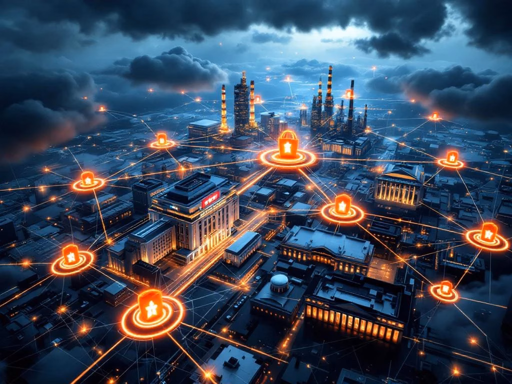 Luftaufnahme vernetzter kritischer Infrastrukturen mit Krankenhäusern, Banken und Regierungsgebäuden unter Cybersicherheitsschutz