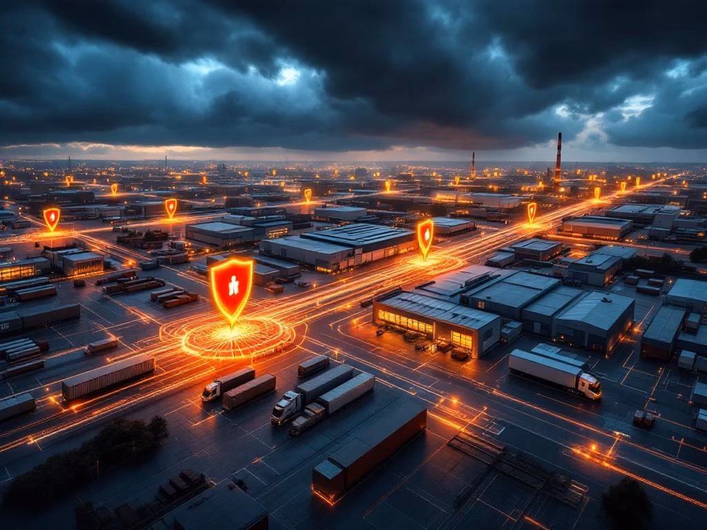 Luftaufnahme industrieller Lieferketten mit Cybersicherheitsbedrohungen, rote Warnungen und Schutzbarrieren bei Sturm