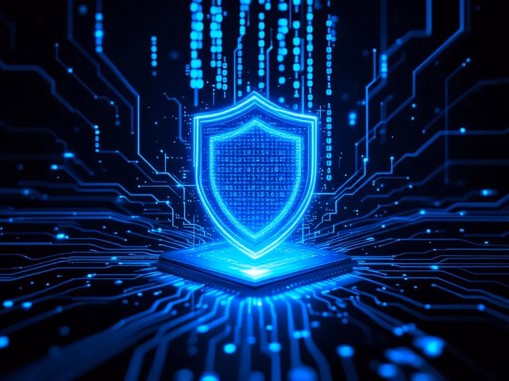 Digitaler Sicherheitsschild aus blauen Binärcode-Streams mit leuchtenden Cybersecurity-Tools auf dunklem Hintergrund