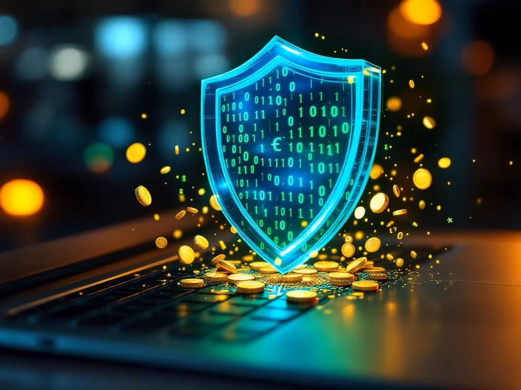 Digitaler Sicherheitsschild aus blauem Glas über Laptop-Tastatur mit grünem Binärcode und goldenen Euro-Münzen