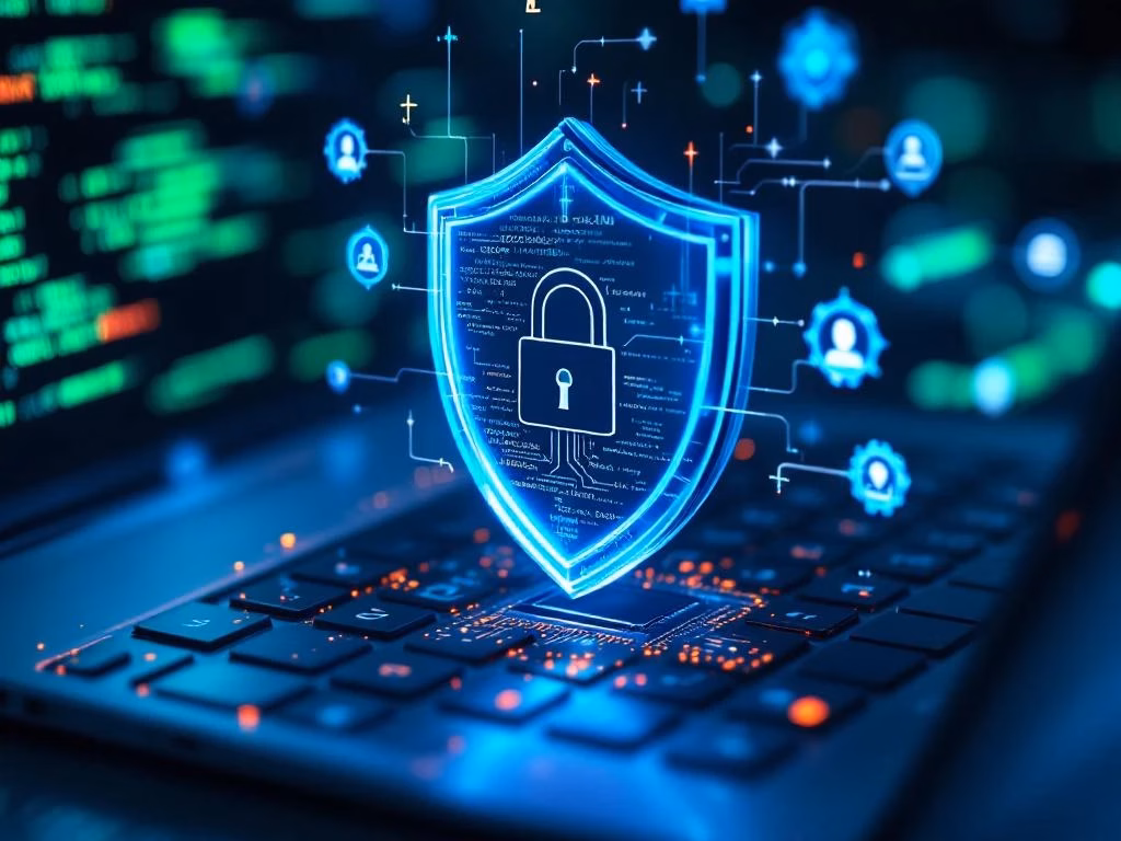 Digitaler Sicherheitsschild aus blauem Glas über Laptop-Tastatur mit grünem Code und Compliance-Zertifikaten im Hintergrund