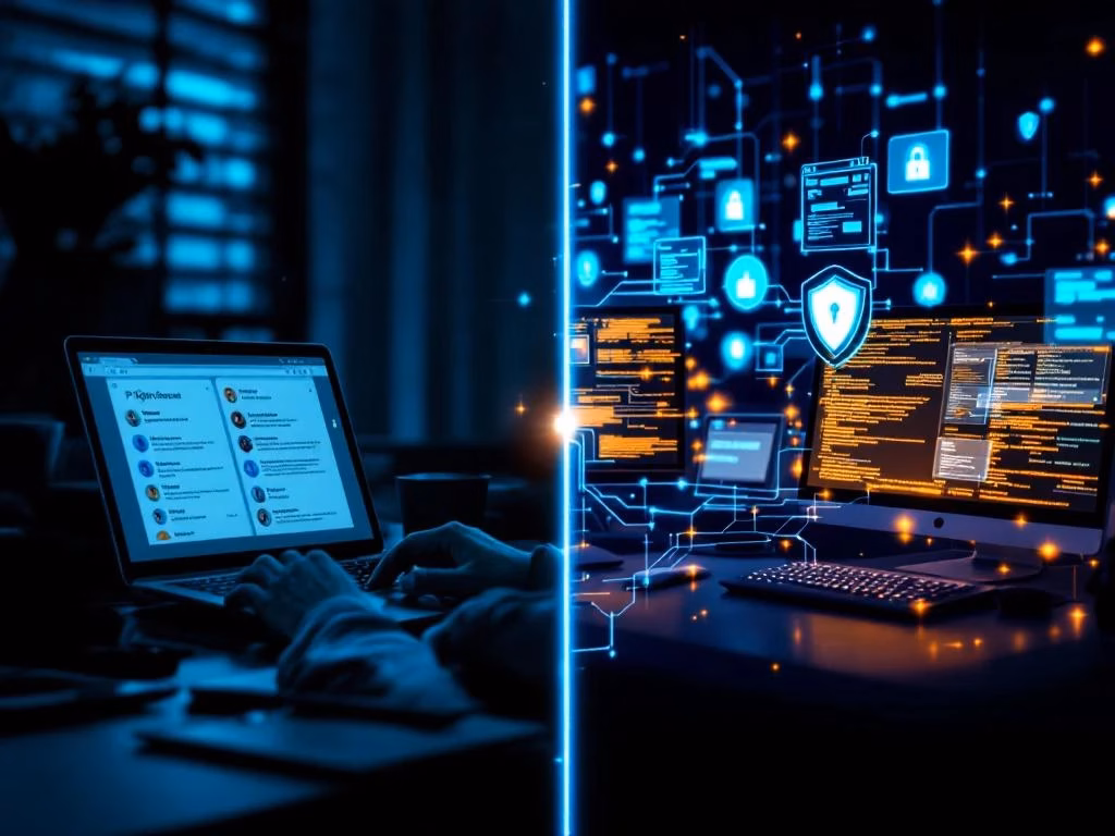 Split-Screen-Darstellung zweier Cybersecurity-Ansätze: Social Engineering links, technische Sicherheitslösungen rechts