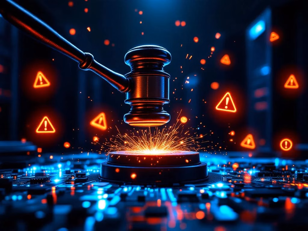 Richterhammer schlägt auf digitale Leiterplatte mit blauen Funken und roten Warnsymbolen in dunkler Serverumgebung