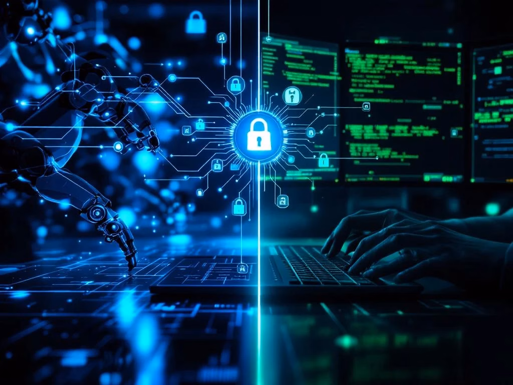 Split-Screen-Darstellung von automatisierten Cybersecurity-Tests links und menschlicher Penetrationstestanalyse rechts