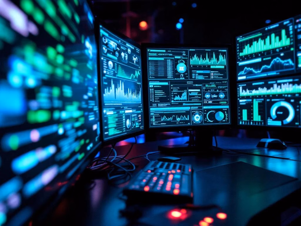 Mehrere Sicherheitsmonitore zeigen Netzwerkdaten und Überwachungsfeeds in professionellem Kontrollraum mit Glasfaserkabeln