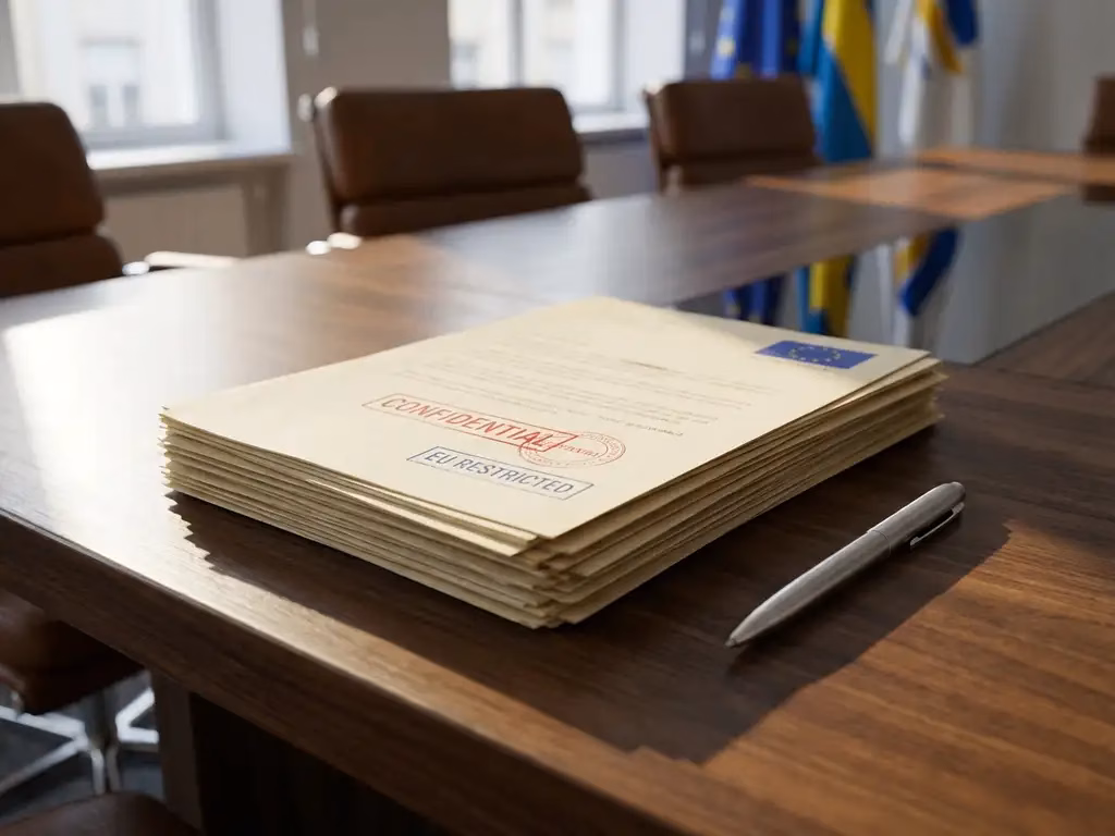 Stapel offizieller Compliance-Dokumente mit Sicherheitsstempeln auf dunklem Holzkonferenztisch, silberner Stift daneben