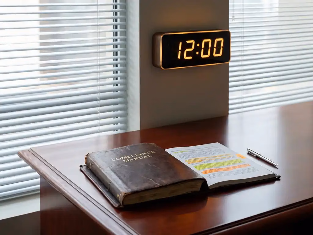 Digitale Wanduhr zeigt 12:00 Uhr über aufgeschlagenem Compliance-Handbuch auf Mahagoni-Schreibtisch mit silbernem Stift