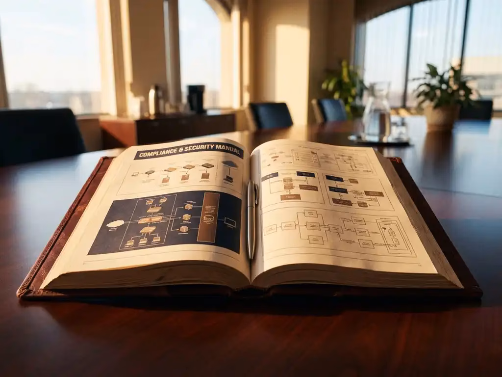 Aufgeschlagenes Compliance-Handbuch aus Leder auf Mahagoni-Konferenztisch mit Sicherheitsdiagrammen und silbernem Stift