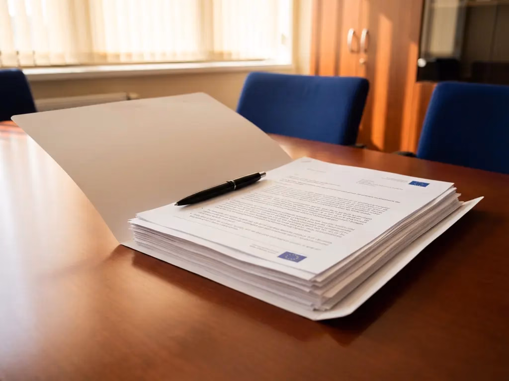 Offener weißer Ordner mit EU-Sicherheitssymbolen und Vorfallsberichten auf Mahagoni-Schreibtisch, schwarzer Stift liegt quer über den Dokumenten