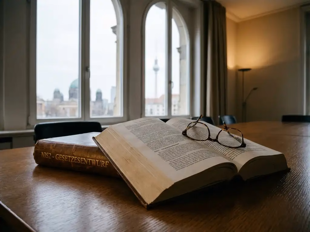 Deutsches NIS2-Rechtsdokument mit Lesebrille auf dunklem Holzkonferenztisch, Berliner Stadtsilhouette im Hintergrund