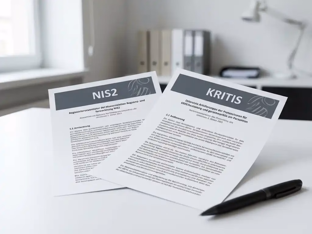 NIS2-Dokument überlappt von KRITIS-Papier auf weißem Bürotisch mit schwarzem Stift, natürliches Licht von links