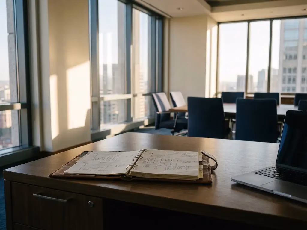 Offener Risikobeurteilungsordner mit Diagrammen auf Holzschreibtisch neben Laptop in hellem Konferenzraum