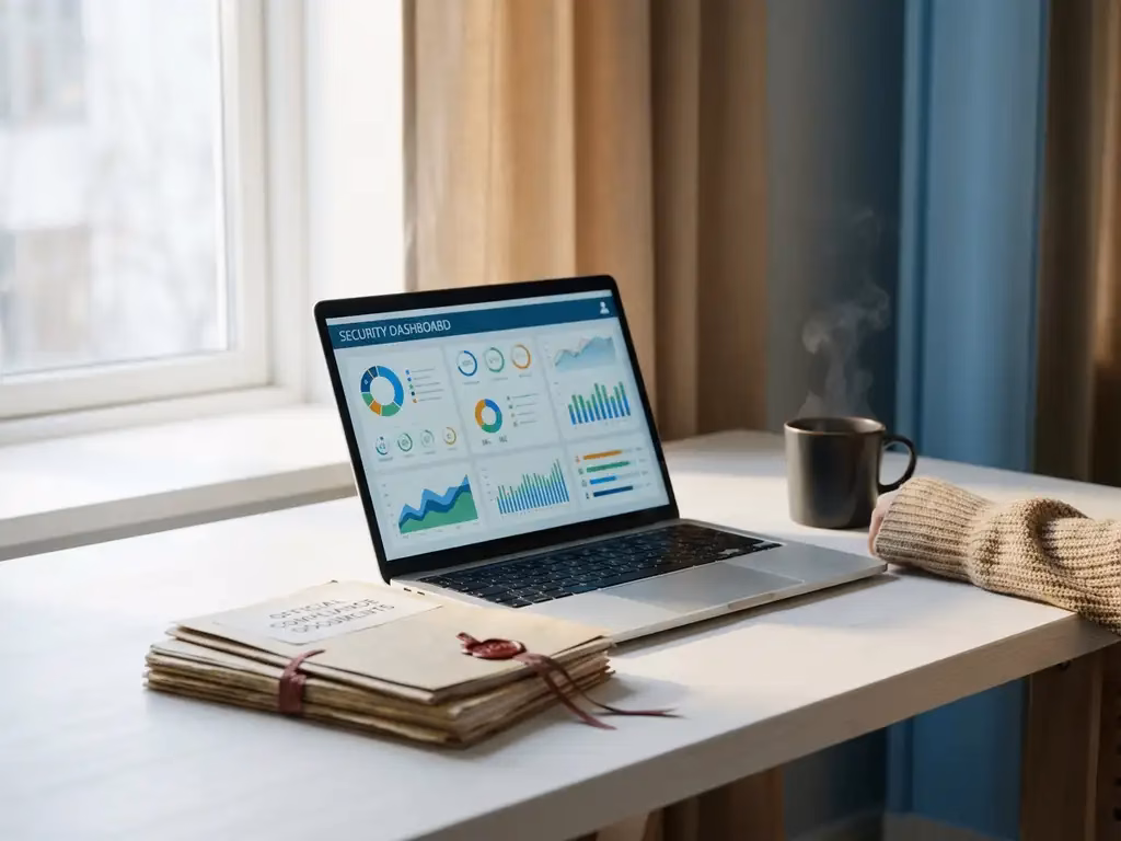 Laptop mit Sicherheits-Dashboard auf weißem Schreibtisch neben Compliance-Dokumenten und Kaffeetasse bei natürlichem Licht