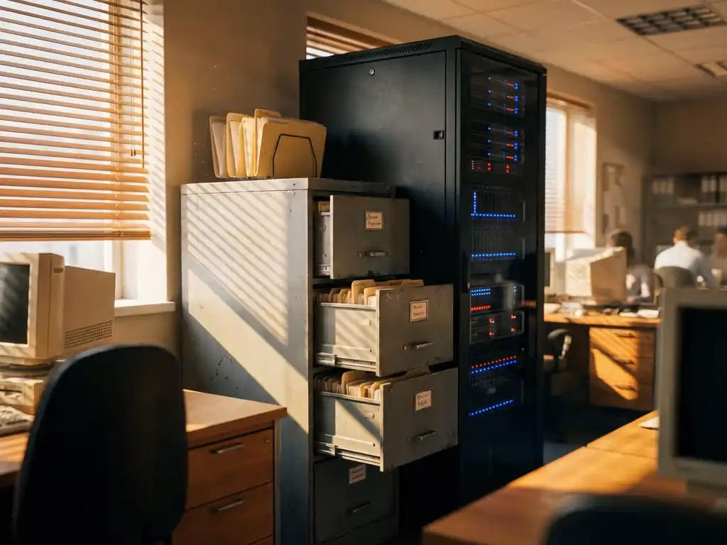Vintage Aktenschrank mit offenen Schubladen neben modernem Server-Rack mit LED-Lichtern in IT-Büro bei goldenem Licht