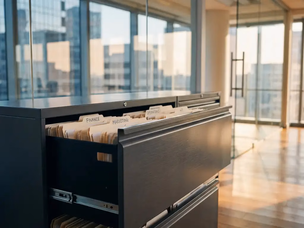 Moderner Aktenschrank mit beschrifteten Ordnern in hierarchischer Anordnung im hellen Büro mit bodentiefen Fenstern