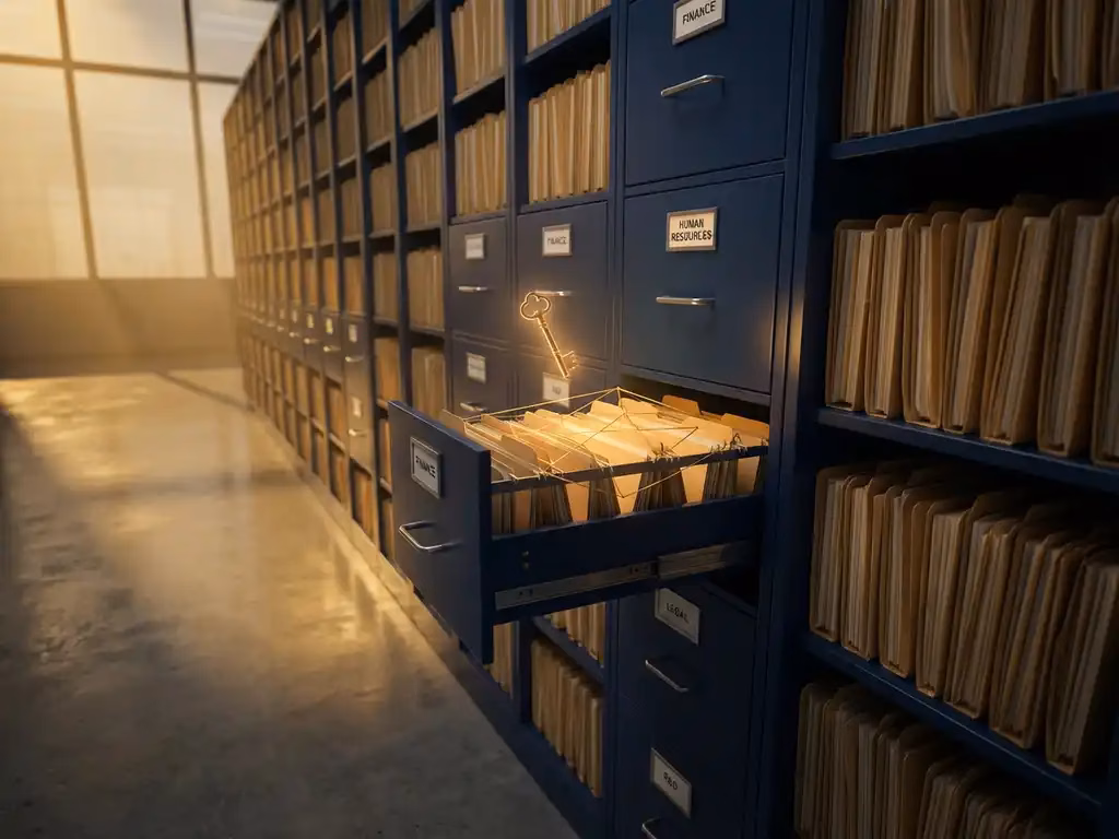 Massiver Aktenschrank mit organisierten Ordnern, schwebender goldener Schlüssel über geöffneter Schublade mit vernetzten Fäden