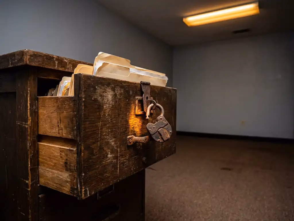 Verwitterter Holzaktenschrank mit geöffnetem Schubfach und defektem Vorhängeschloss in steriler Büroumgebung