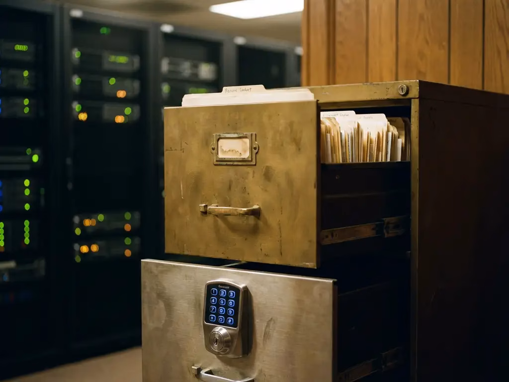 Vintage Messingaktenschrank mit zwei Schubladen, eine geöffnet mit Manilaordnern, andere mit digitalem Schloss, in IT-Büro mit Serverracks